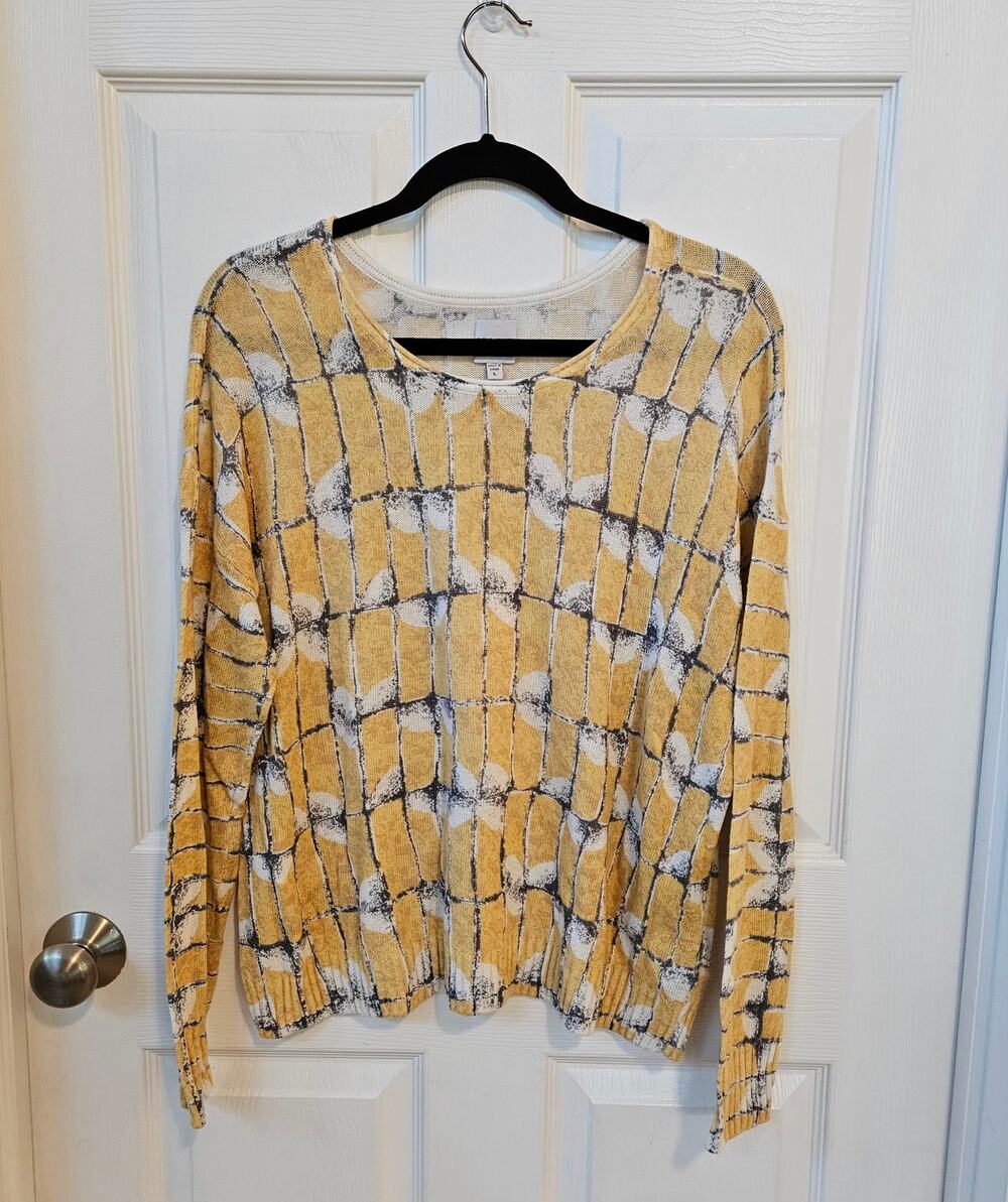 NIC+ZOE Women’s L Mustard Yellow Abstract Print Boxy Knit Sweater Cotton Blend